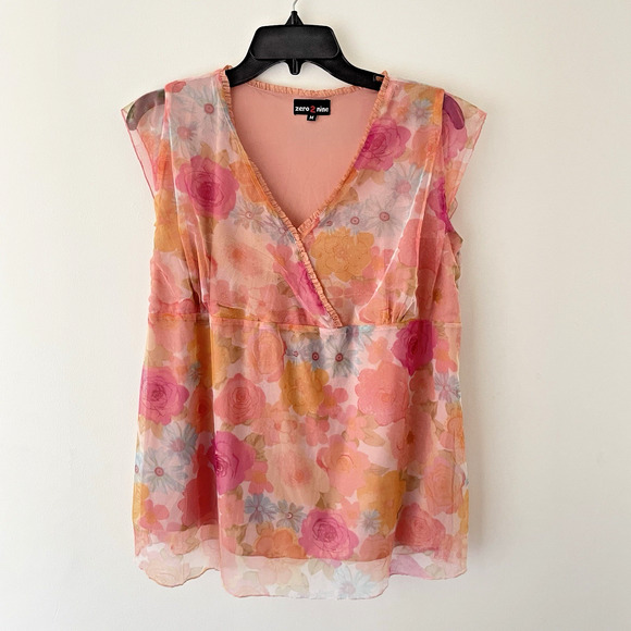 Zero 2 Nine Tops - Y2K Sheer Floral Babydoll Top M Pink Orange Fairy Coquette Romantic Ethereal